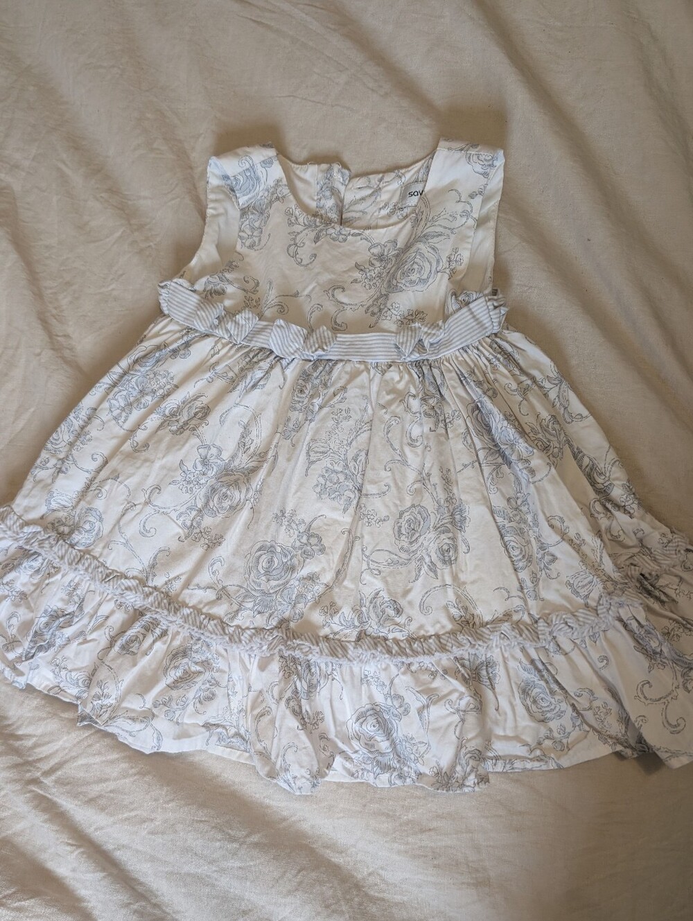 Savannah Girls White and Light Blue Floral Ruffle Cottagecore Dress 12 Months